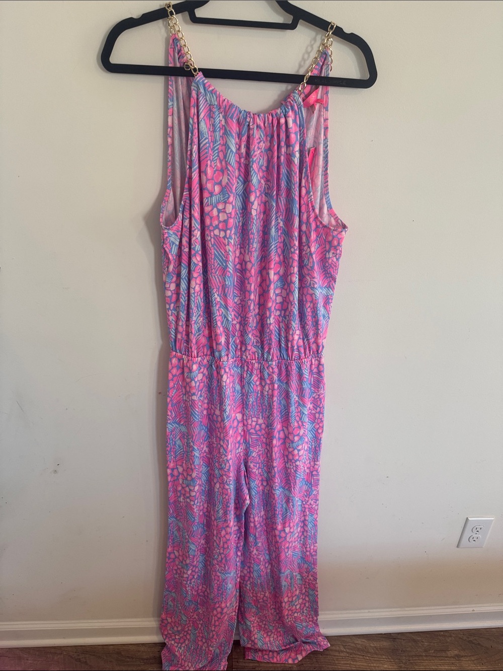 Lilly Pulitzer Pink & Blue Floral Print Jumpsuit with Gold Chain Straps